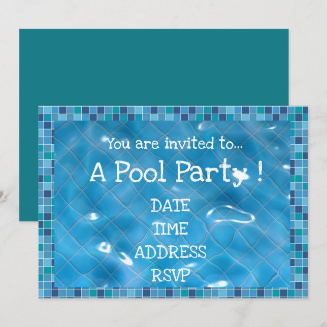 Retro Pool Party blue tiles Invitation (Front/Back)