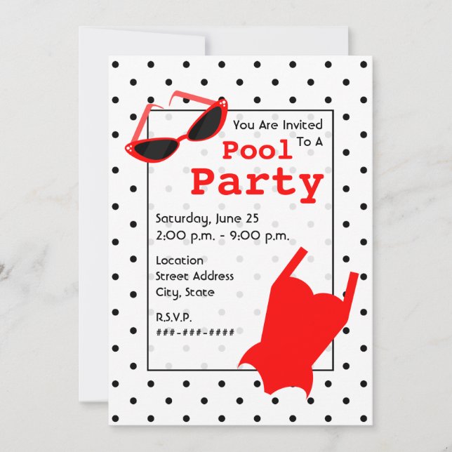 Retro Pool Party - Cat Eye Sunglasses Red Swimsuit Invitation (Front)