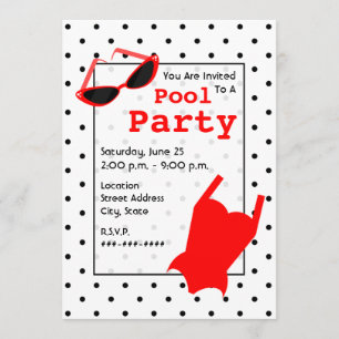 Retro Pool Party - Cat Eye Sunglasses Red Swimsuit Invitation