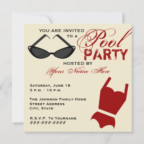 Retro Pool Party Invitation Swimsuit  Sunglasses