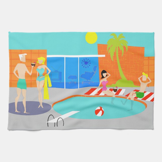 Retro Pool Party Kitchen Towel (Horizontal)