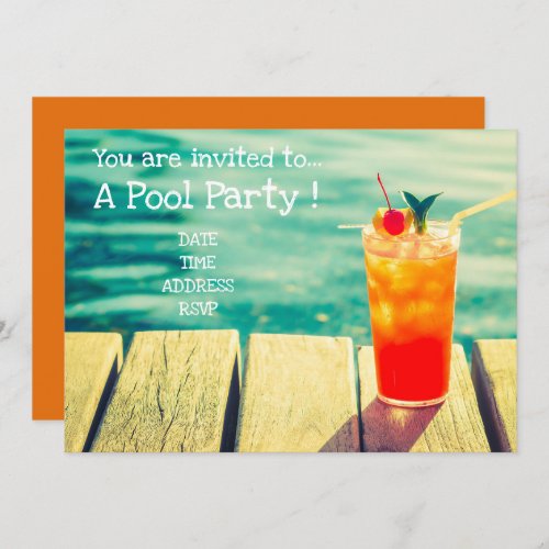 Retro Pool Party Orange cocktail Invitation