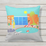 Retro Pool Party Outdoor Pillow<br><div class="desc">Come on in! The water is fine! This Retro Pool Party Outdoor Pillow features a vibrant, cartoon drawing of a fun and sophisticated pool party. The mid century modern design centers around a round swimming pool on a large, gray, concrete patio. The pool is filled with turquoise water. Orange brickwork...</div>