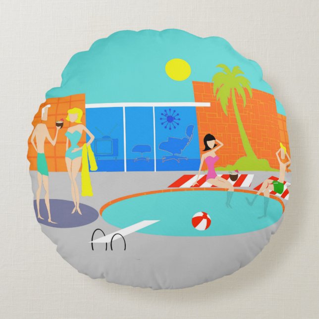 Retro Pool Party Round Pillow (Front)
