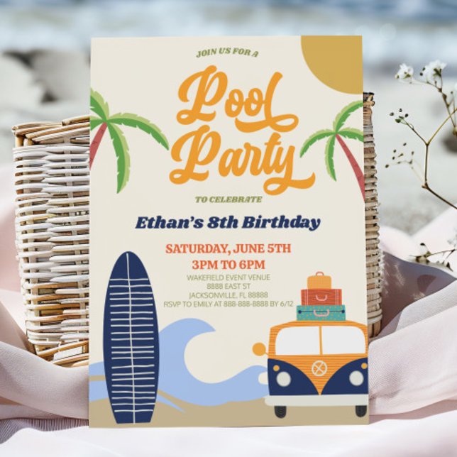 Retro Pool Party Surf Board Birthday Party Invitation (Creator Uploaded)