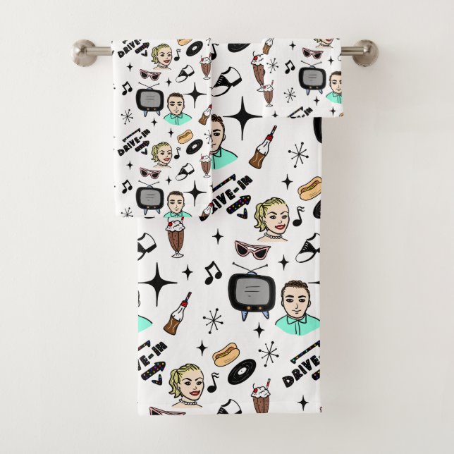 Retro Pop 1950's Style Nostalgic Graphics  Bath Towel Set (Insitu)