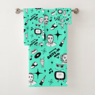 Retro Pop 1950's Style Nostalgic Graphics  Bath Towel Set