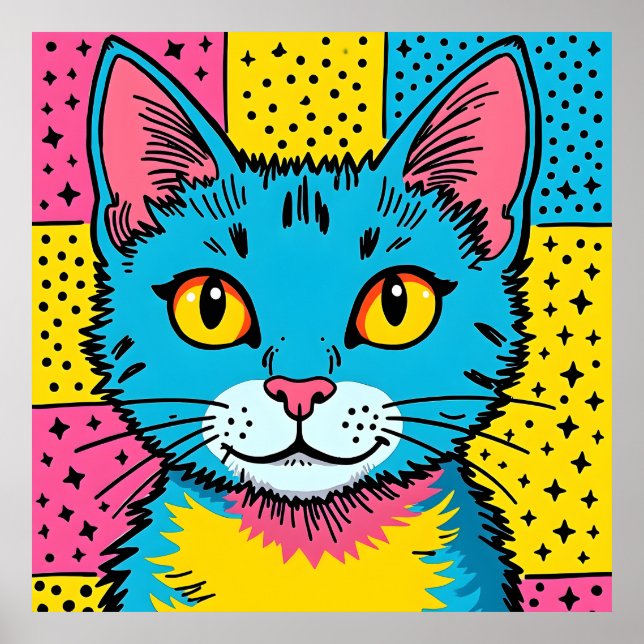Retro Pop Art 80's Style Blue Cat Poster (Front)