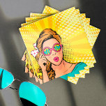 Retro Pop Art Blonde Lady Wow ID556 Square Business Card<br><div class="desc">An retro graphic of a blonde fashion model with sunglasses holding the word 'WOW', makes an eye-catching first impression on this designer business card for beauty salons, fashion boutiques, stylists and more. An optional speech bubble has been supplied on the reverse to hold a name or company and occupation. Easily...</div>