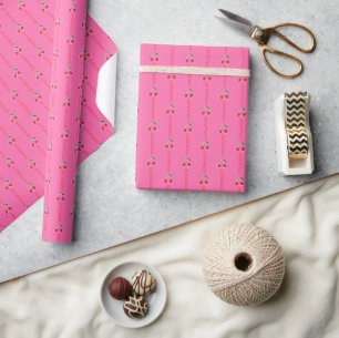 Retro Pop Art Cherry Stripes on Hot Pink Wrapping Paper