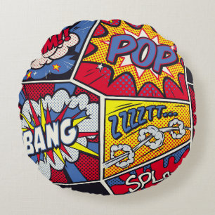 Retro pop art, comic shout pattern. round pillow