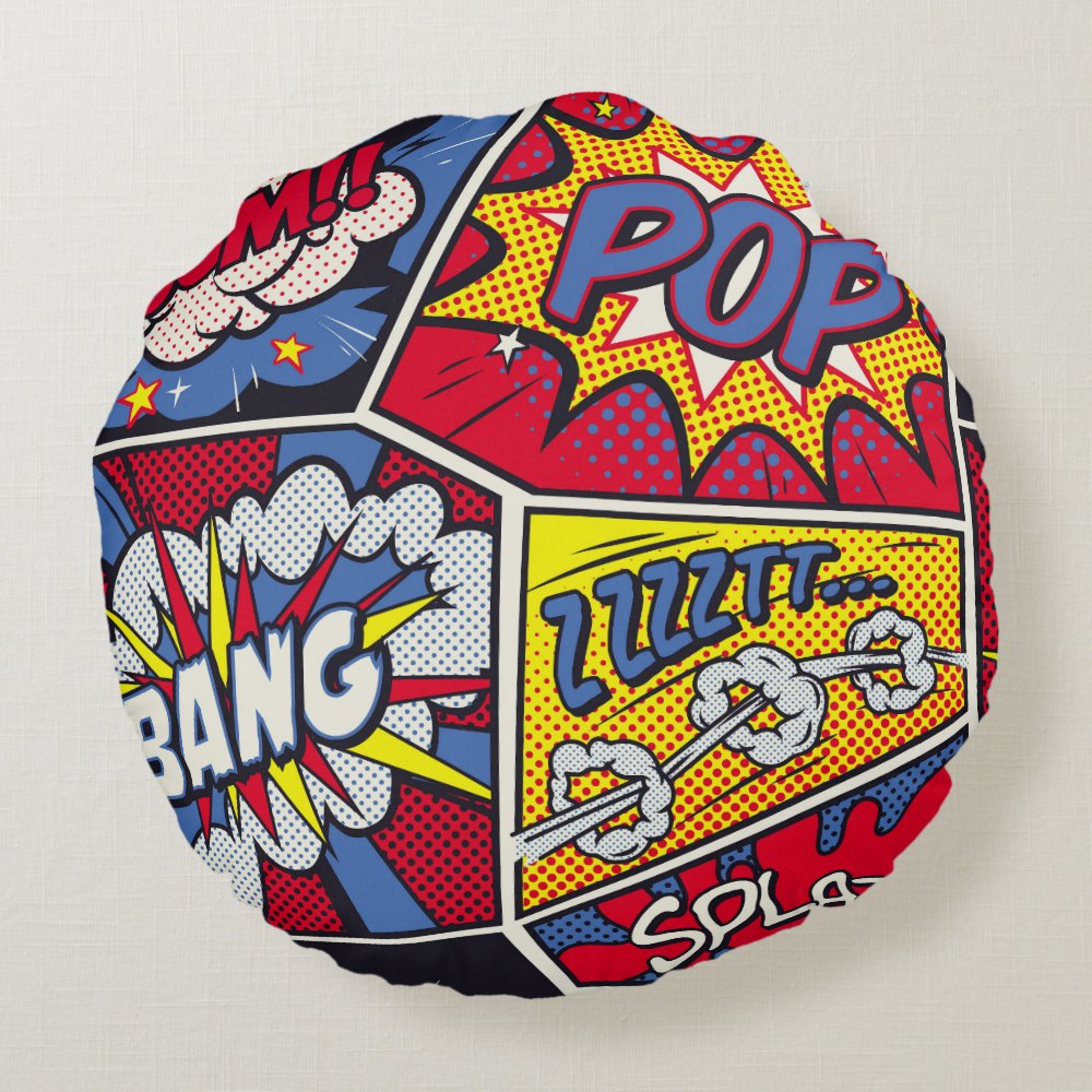 Disover Retro pop art, comic shout pattern. round pillow