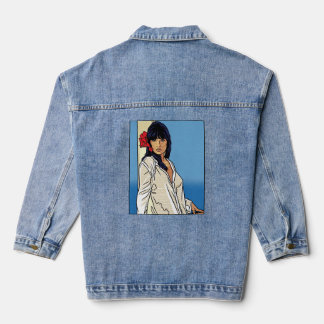 Retro Pop Art Comic Woman Red Hibiscus Denim Jacket