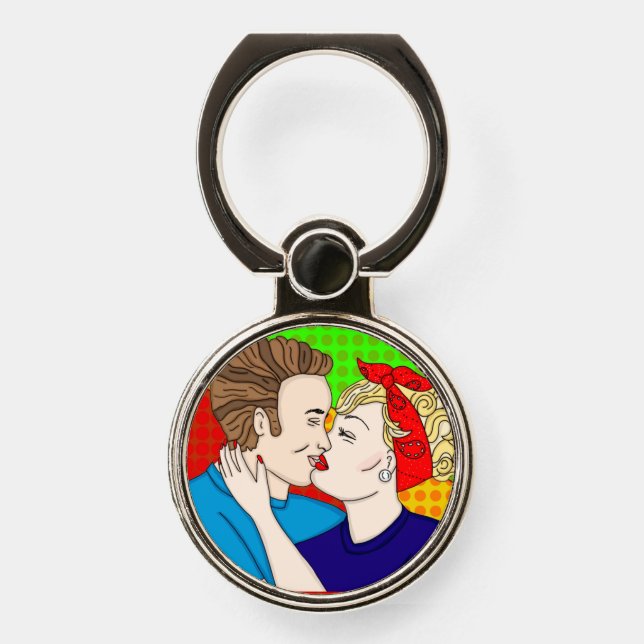 Retro Pop Art Couple Kissing Phone Ring Stand (Front)