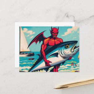 Retro Pop Art Devil With A Tunafish on the Beach Postcard