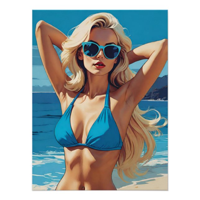 Retro Pop Art: Glamorous Blonde in Blue Bikini Poster (Front)