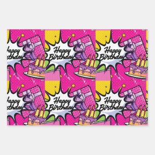 Retro Pop Art - Happy Birthday designed Wrapping Paper Sheets