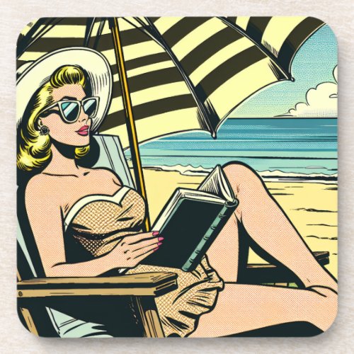 Retro Pop Art Lady on the Beach Beverage Coaster
