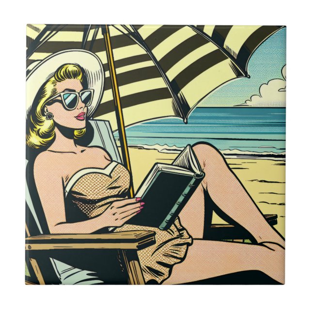 Retro Pop Art Lady on the Beach Ceramic Tile (Front)