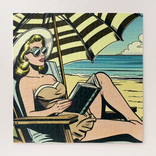 Retro Pop Art Lady on the Beach Jigsaw Puzzle