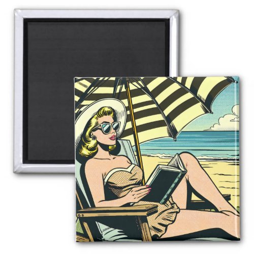 Retro Pop Art Lady on the Beach Magnet