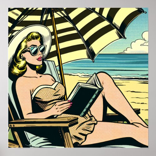 Retro Pop Art Lady on the Beach Poster