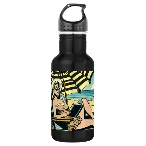 Retro Pop Art Lady on the Beach Stainless Steel Water Bottle