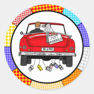 Retro Pop Art Mr & Mrs Just Got Married Classic Round Sticker