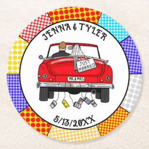 Retro Pop Art Mr & Mrs Just Got Married Round Paper Coaster