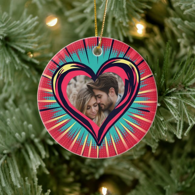Retro Pop Art Photo and Names Valentine's Day Ceramic Ornament (Tree)