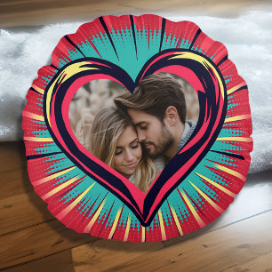 Retro Pop Art Photo and Names Valentine's Day Round Pillow