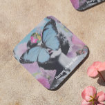 Retro Pop Art Pink and Blue Butterfly Beverage Coaster<br><div class="desc">This design blends coquette aesthetics with a dreamy, retro collage vibe. A striking blue butterfly rests across a woman's face, adding mystery and whimsy, while pastel tones of pink and lavender butterflies flutter around, enhancing the ethereal feel. Vibrant flowers bloom in the background, creating a lush, vintage-inspired garden scene. Personalize...</div>