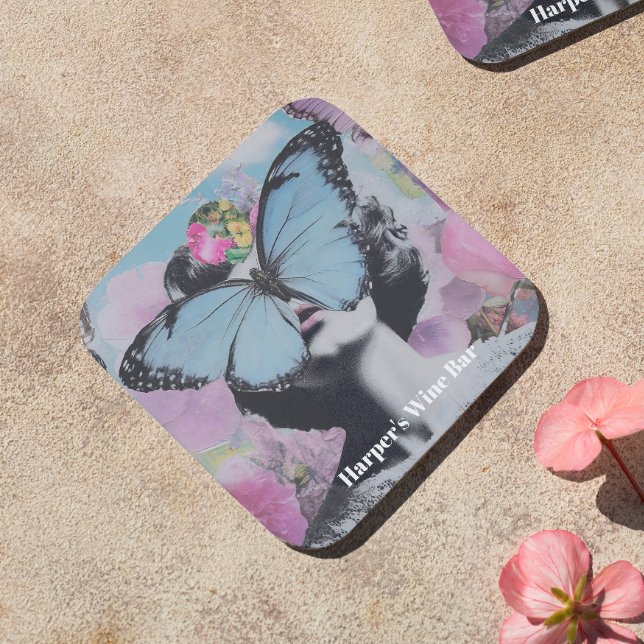 Retro Pop Art Pink and Blue Butterfly Beverage Coaster (Elevate your style with this standout piece, ideal for lovers of vintage flair.)