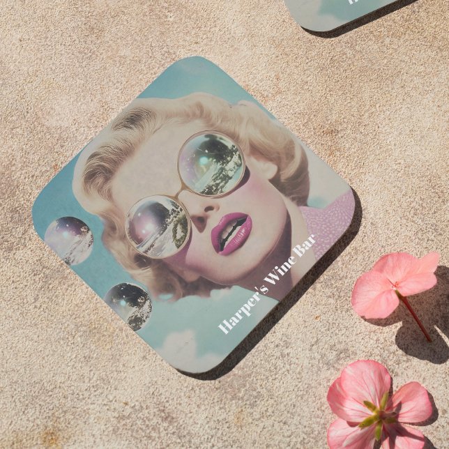 Retro Pop Art Pink and Blue Space Woman Beverage Coaster (Elevate your style with this standout piece, ideal for lovers of vintage flair.)