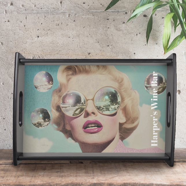 Retro Pop Art Pink and Blue Space Woman Serving Tray (Creator Uploaded)