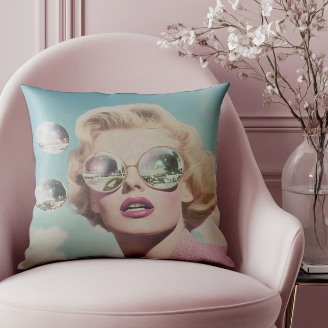 Retro Pop Art Pink and Blue Space Woman Throw Pillow (Elevate your style with this standout piece, ideal for lovers of vintage flair.)