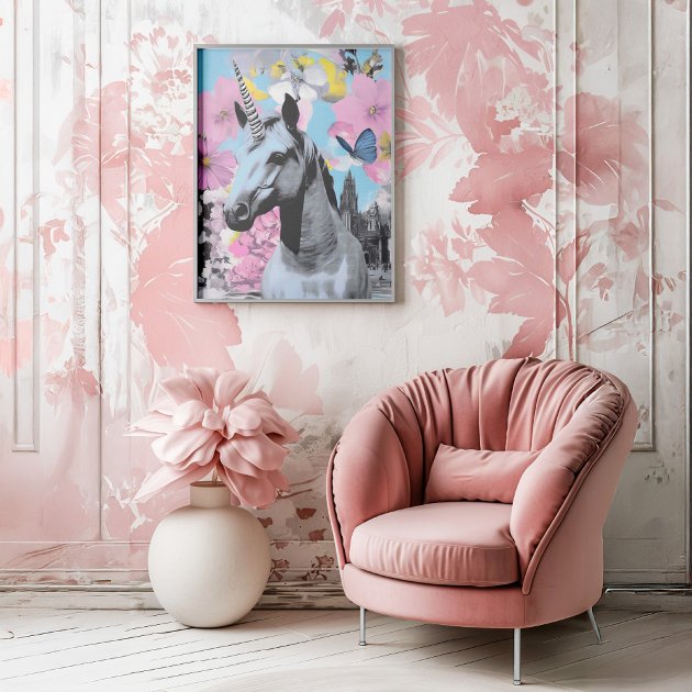 Coquette style room with oversized pink floral wall paper a pink flower pot, pink velvet chair and an eclectic poster of a mid-century inspired collage with butterflies and unicorns.