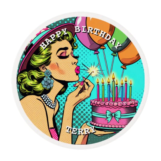 Retro Pop Art Pinup Woman Personalized Birthday   Edible Frosting Rounds (Front)