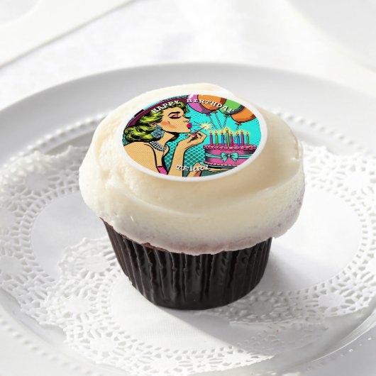 Retro Pop Art Pinup Woman Personalized Birthday Edible Frosting Rounds (Cupcake)