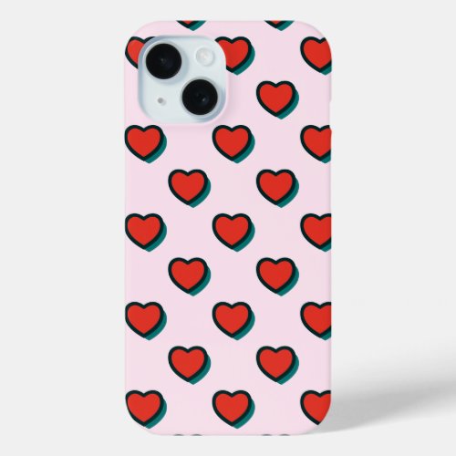 Retro Pop Art Red Blue Beige Hearts Pattern iPhone 15 Case