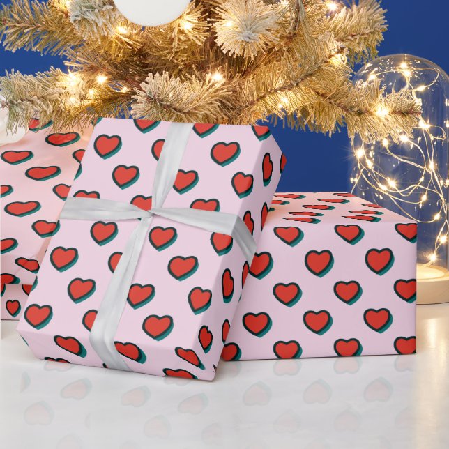 Retro Pop Art Red Blue Beige Hearts Pattern Wrapping Paper (Holidays)