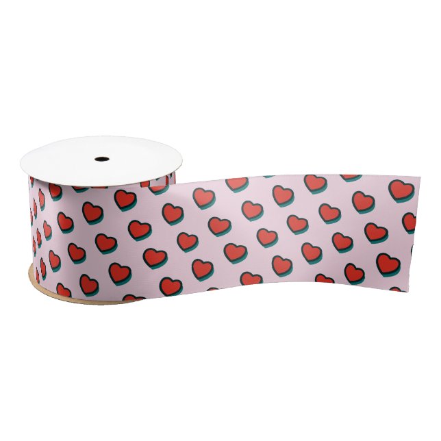 Retro Pop Art Red Blue Pink Hearts Pattern Satin Ribbon (Spool)