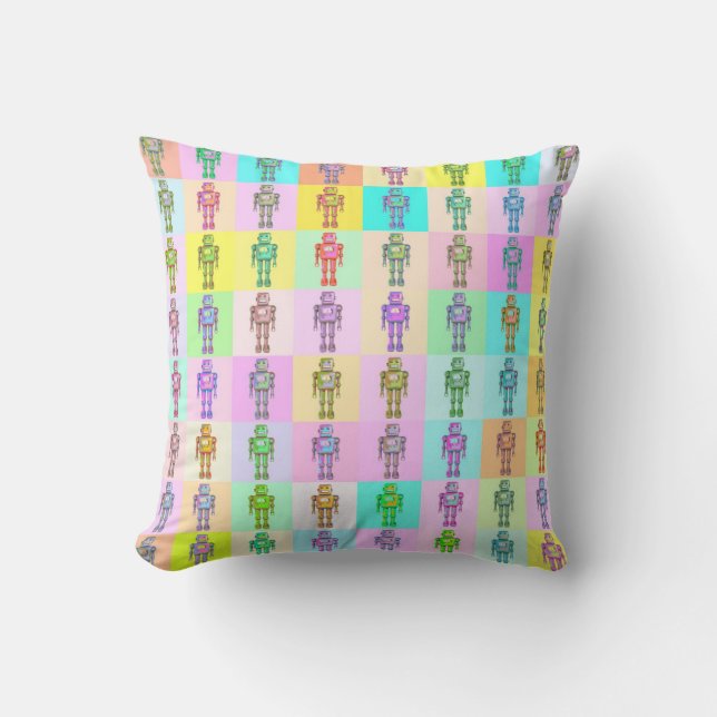 Retro Pop Art Robots Throw Pillow (Front)
