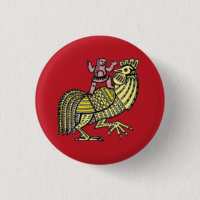 Retro Pop Art Rooster with Figure Ben-Day Dot Button (Front)