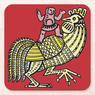 Retro Pop Art Rooster with Figure Ben-Day Dot Square Paper Coaster