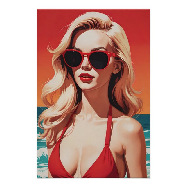 Retro Pop Art: Stylish Blonde in Red Bikini Poster (Front)