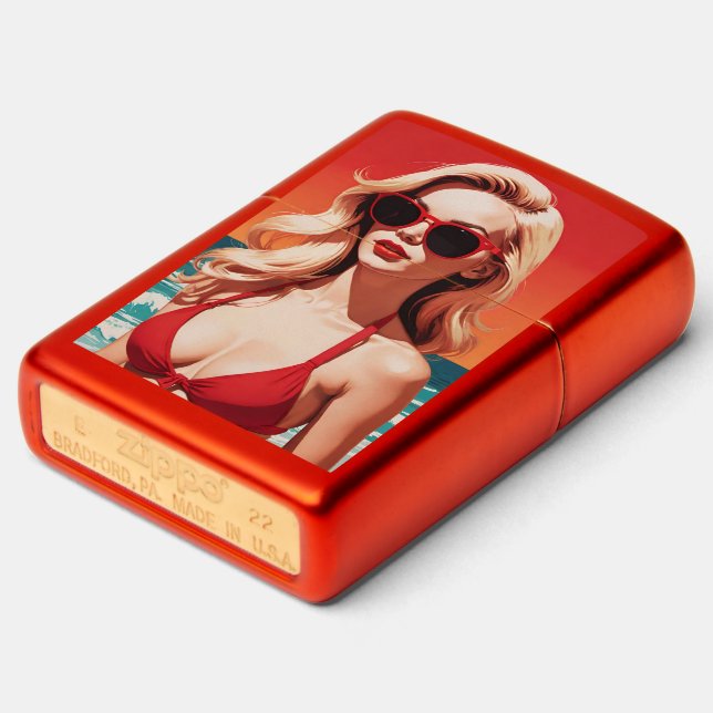 Retro Pop Art: Stylish Blonde in Red Bikini Zippo Lighter (Angle)