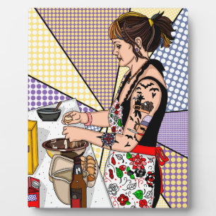 Retro Pop Art Tattoo Lady Baking in Kitchen Plaque