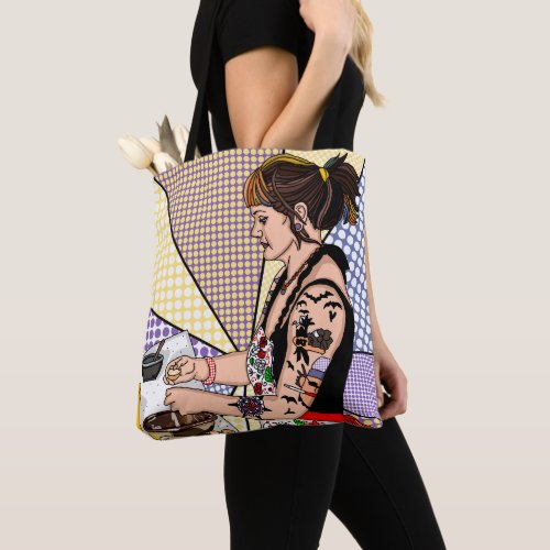 Retro Pop Art Tattoo Lady Baking in Kitchen Tote Bag