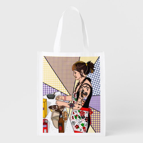 Retro Pop Art Tattooed Lady Baking    Grocery Bag